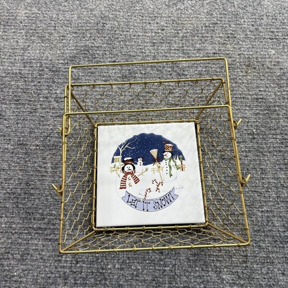 Christmas Basket Gold Wire Square With Center Tile Snowmen Let It Snow Holiday‎ - Picture 5 of 10